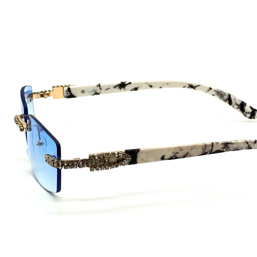 Sunglasses Blue Lens Men Gangster Rhinestone Stud Rimless Rectangle‎ 90s Rapper